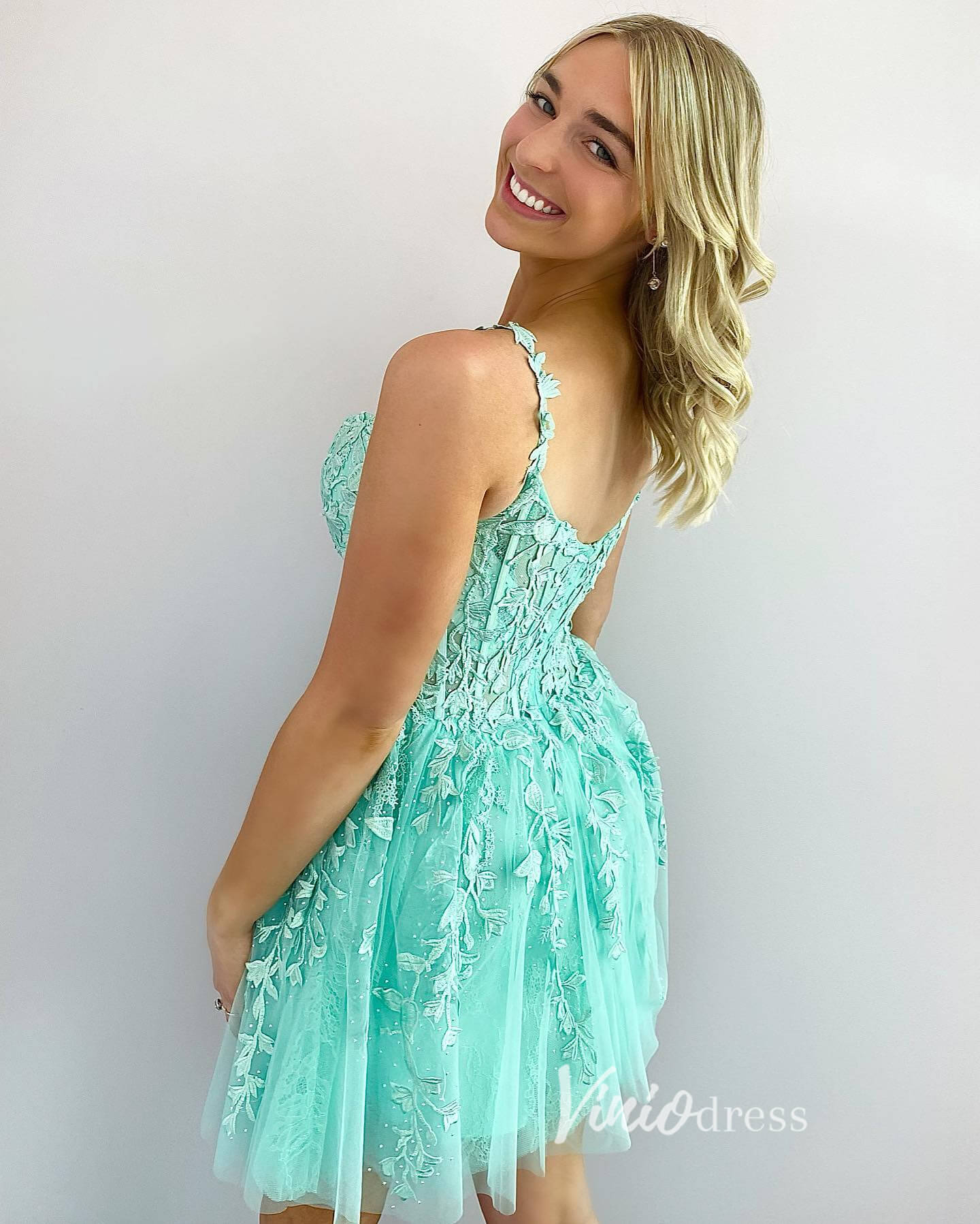 Mint Lace Homecoming Dresses Spaghetti Strap Short Prom Dress SD1177-Homecoming Dresses 2025 -Viniodress-Mint-Custom Size-