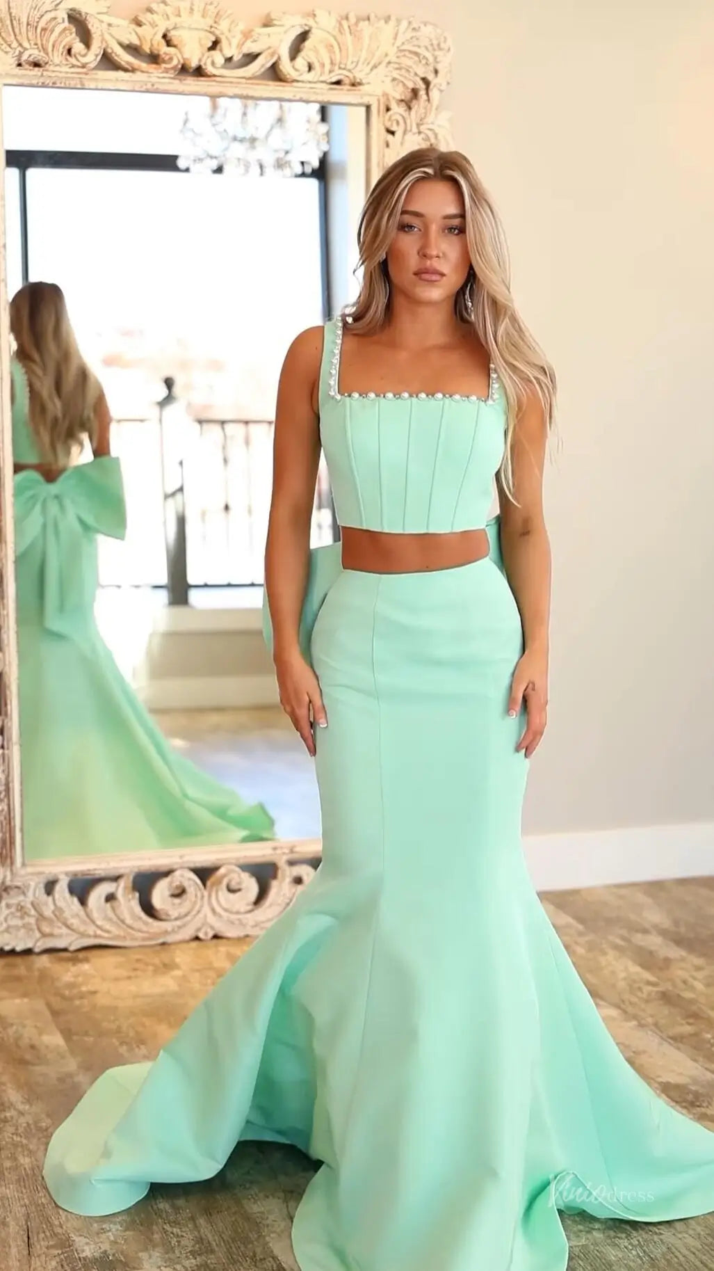 Mint Two Piece Mermaid Prom Dress, Pearl Trim Corset Top SS382 Viniodress Mint Two Piece Mermaid Prom Dress, Pearl Trim Corset Top SS382 Viniodress