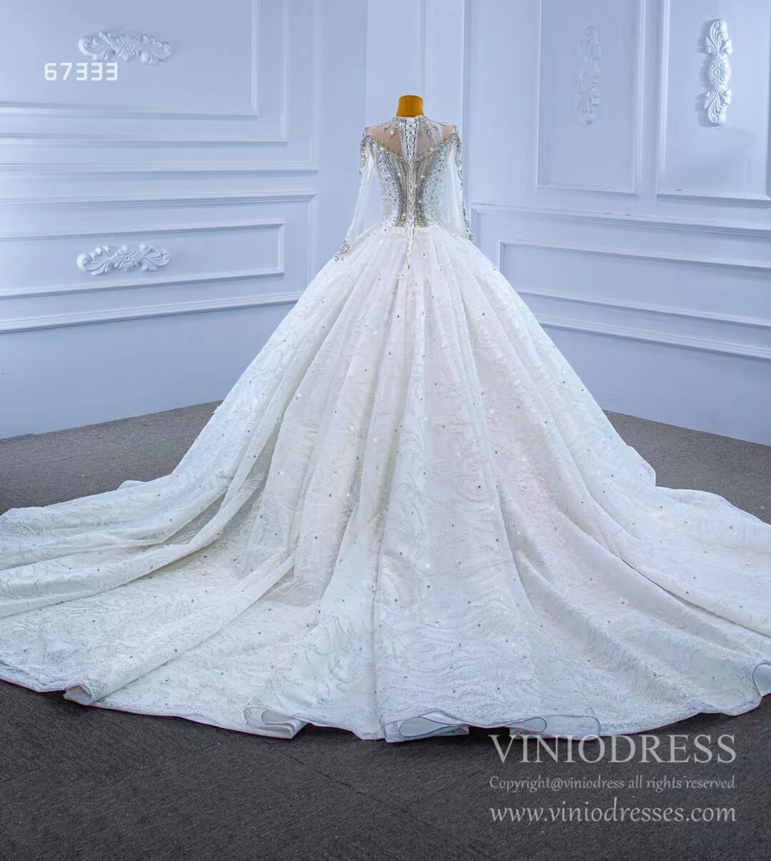 Mock Neck Long Sleeve Wedding Dresses Luxury Bridal Gowns 67333 Viniodress-wedding dresses 2025 -Viniodress-As Picture-Custom Size-