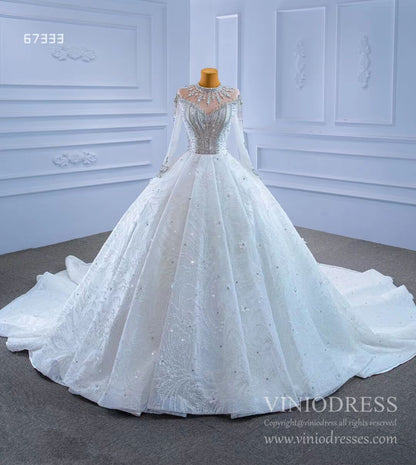 Mock Neck Long Sleeve Wedding Dresses Luxury Bridal Gowns 67333 Viniodress-wedding dresses 2025 -Viniodress-As Picture-Custom Size-