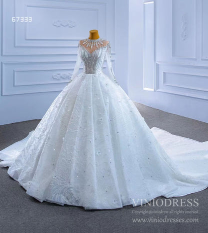 Mock Neck Long Sleeve Wedding Dresses Luxury Bridal Gowns 67333 Viniodress-wedding dresses 2025 -Viniodress-As Picture-Custom Size-