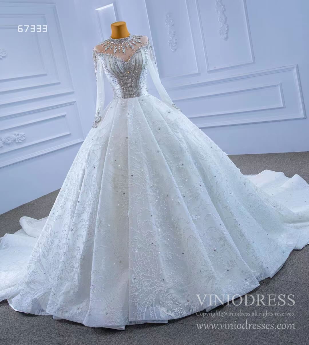 Mock Neck Long Sleeve Wedding Dresses Luxury Bridal Gowns 67333 Viniodress-wedding dresses 2025 -Viniodress-As Picture-Custom Size-