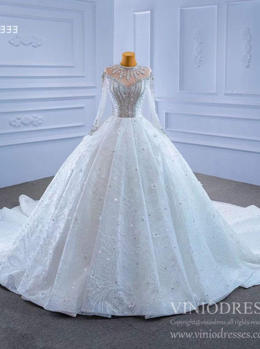 Mock Neck Long Sleeve Wedding Dresses Luxury Bridal Gowns 67333 Viniodress-wedding dresses-Viniodress-As Picture-Custom Size-Viniodress