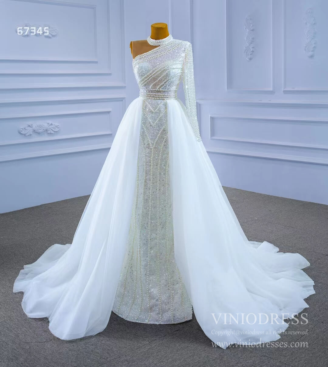 Mock Neck Pearl Beaded Overskirt Wedding Dresses 67345-wedding dresses 2025 -Viniodress-Ivory-Custom Size-