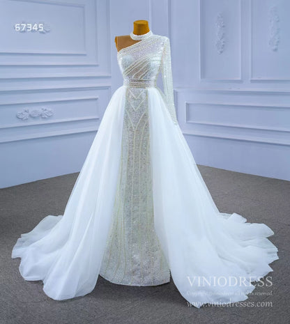 Mock Neck Pearl Beaded Overskirt Wedding Dresses 67345-wedding dresses 2025 -Viniodress-Ivory-Custom Size-