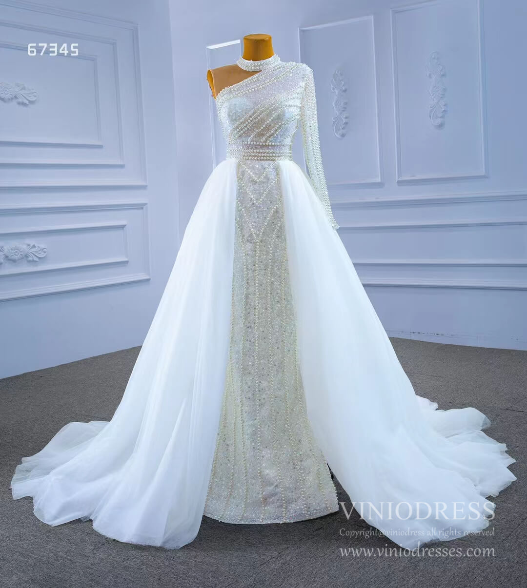 Mock Neck Pearl Beaded Overskirt Wedding Dresses 67345-wedding dresses 2025 -Viniodress-Ivory-Custom Size-