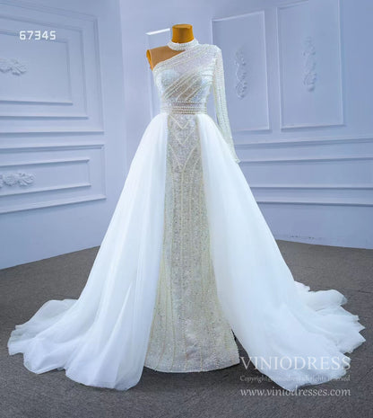 Mock Neck Pearl Beaded Overskirt Wedding Dresses 67345-wedding dresses 2025 -Viniodress-Ivory-Custom Size-