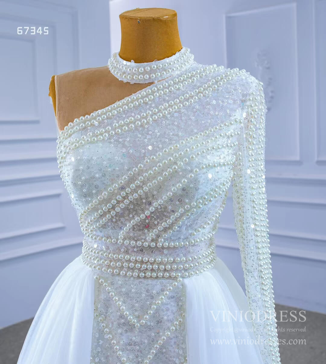 Mock Neck Pearl Beaded Overskirt Wedding Dresses 67345-wedding dresses 2025 -Viniodress-Ivory-Custom Size-