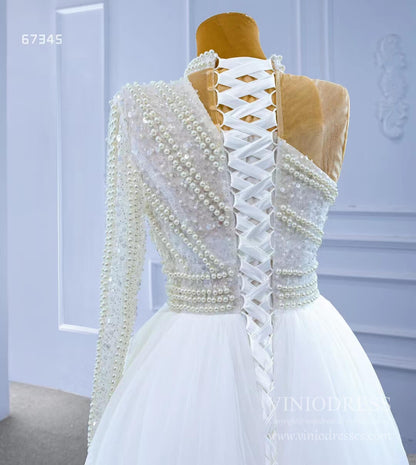 Mock Neck Pearl Beaded Overskirt Wedding Dresses 67345-wedding dresses 2025 -Viniodress-Ivory-Custom Size-