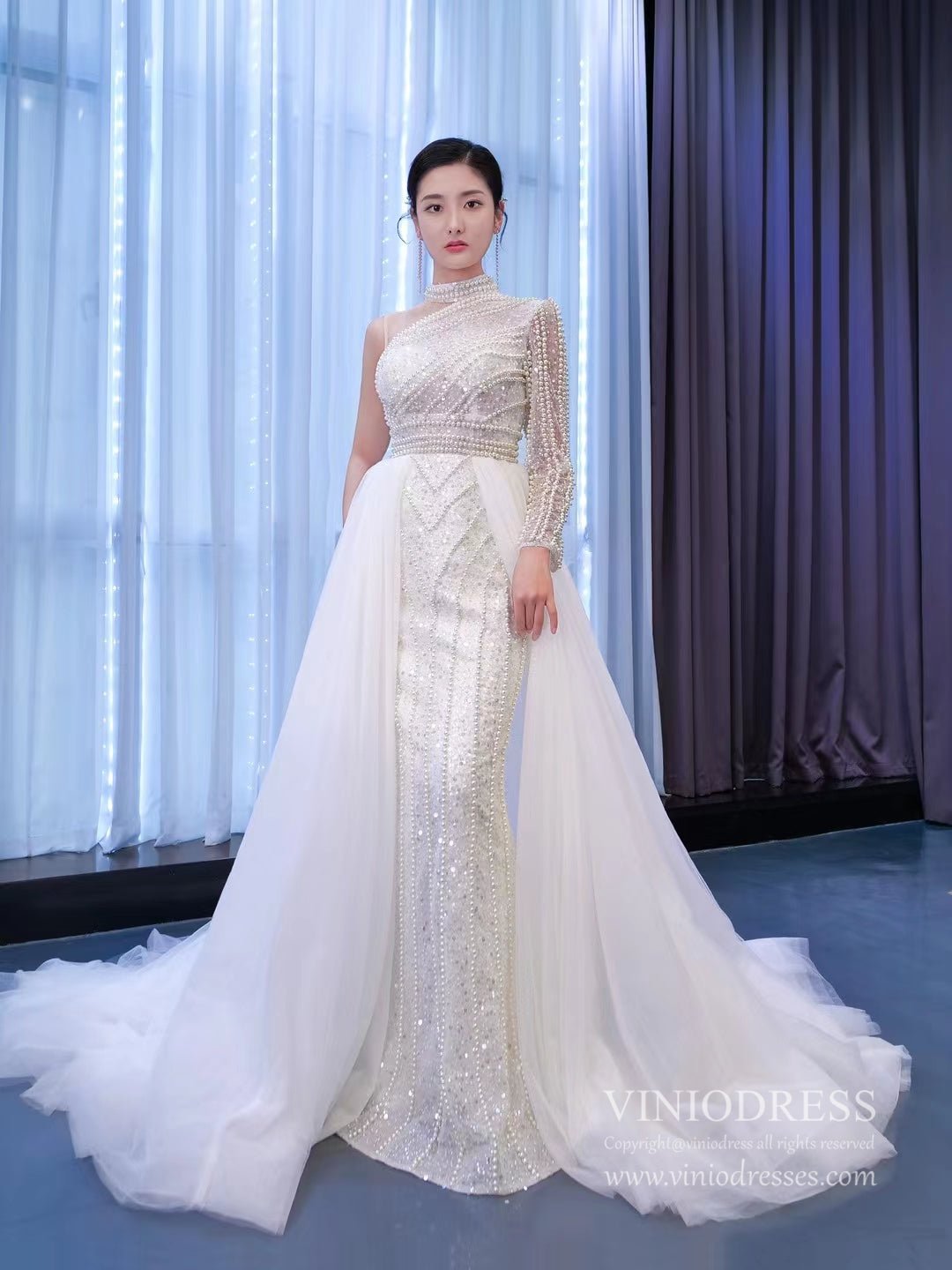 Mock Neck Pearl Beaded Overskirt Wedding Dresses 67345-wedding dresses 2025 -Viniodress-Ivory-Custom Size-