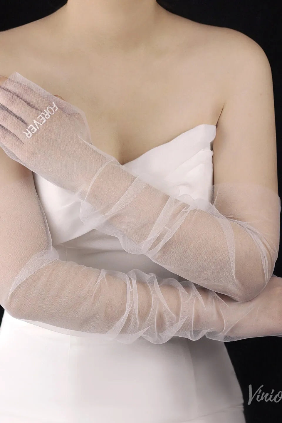 Moder Sheer Tulle Sleeve Lettering Embroidered Bridal Gloves WG181-Bridal Gloves 2026-Viniodress-Ivory-