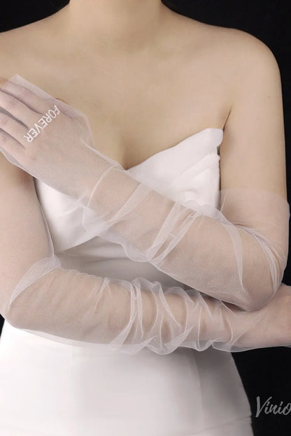 Moder Sheer Tulle Sleeve Lettering Embroidered Bridal Gloves WG181-Bridal Gloves 2026-Viniodress-Ivory-