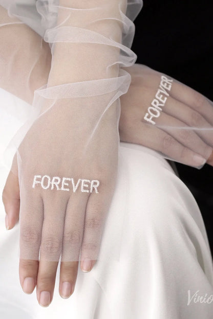 Moder Sheer Tulle Sleeve Lettering Embroidered Bridal Gloves WG181-Bridal Gloves 2026-Viniodress-Ivory-