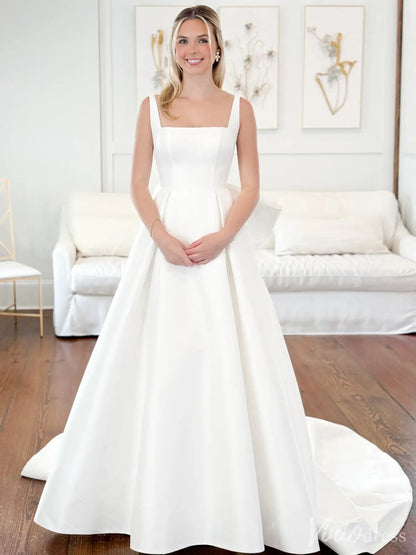 Modern A-Line Wedding Dress with Square Neckline and Oversized Bow – VW2529-wedding dresses 2025 -Viniodress-White-Custom Size-