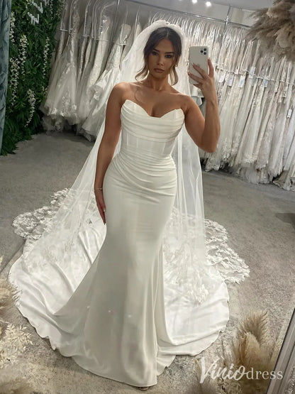 Modern Crepe Mermaid Wedding Dress with Sweetheart Neck, Draped Bodice, Chapel Train – MN122-wedding dresses 2025 -Viniodress-Ivory-Dress Only-Custom Size