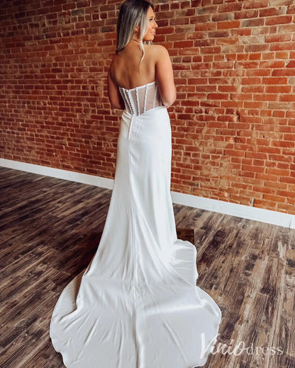 Modern Crepe Wedding Dress with Basque Waist, Sheer Pearl Corset, Slit – MN125-wedding dresses 2025 -Viniodress-Ivory-Custom Size-