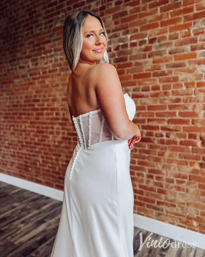 Modern Crepe Wedding Dress with Basque Waist, Sheer Pearl Corset, Slit – MN125-wedding dresses 2025 -Viniodress-Ivory-Custom Size-