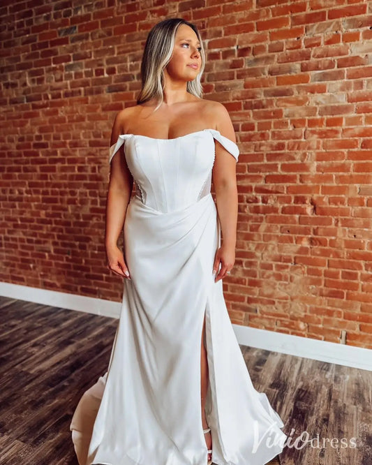 Modern Crepe Wedding Dress with Basque Waist, Sheer Pearl Corset, Slit – MN125-wedding dresses 2025 -Viniodress-Ivory-Custom Size-