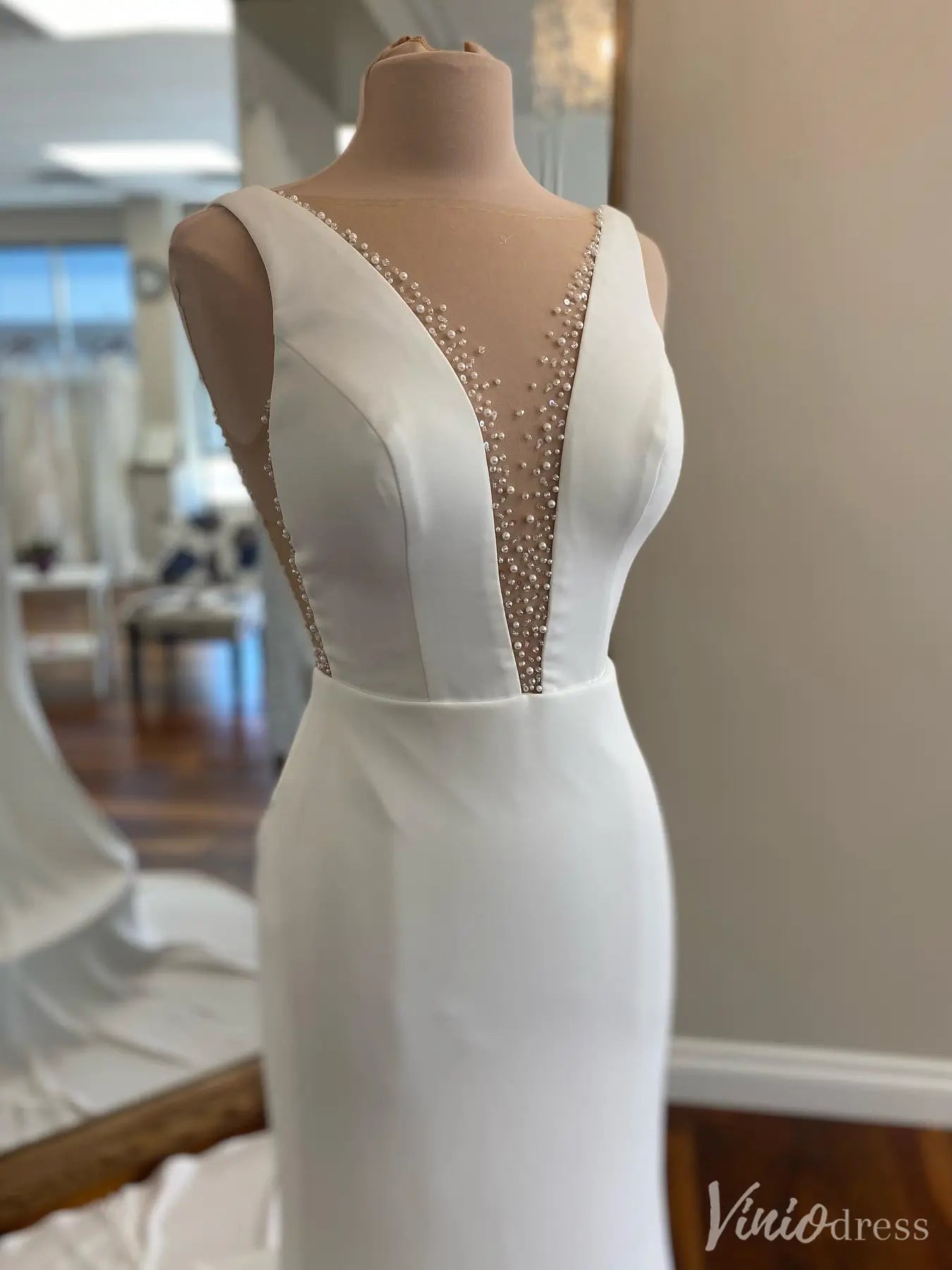 Modern Crepe Wedding Dress with Pearl-Trimmed Illusion Neckline & V-Back – VW2535-wedding dresses 2025 -Viniodress-White-Custom Size-