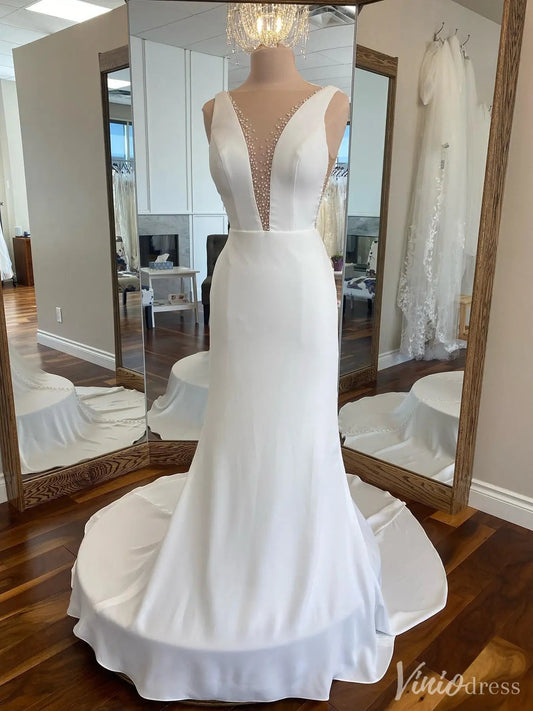Modern Crepe Wedding Dress with Pearl-Trimmed Illusion Neckline & V-Back – VW2535-wedding dresses 2025 -Viniodress-White-Custom Size-