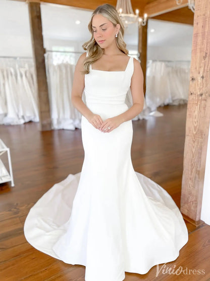 Modern Fit-and-Flare Wedding Dress with Square Neckline – VW2530-wedding dresses 2025 -Viniodress-White-Custom Size-