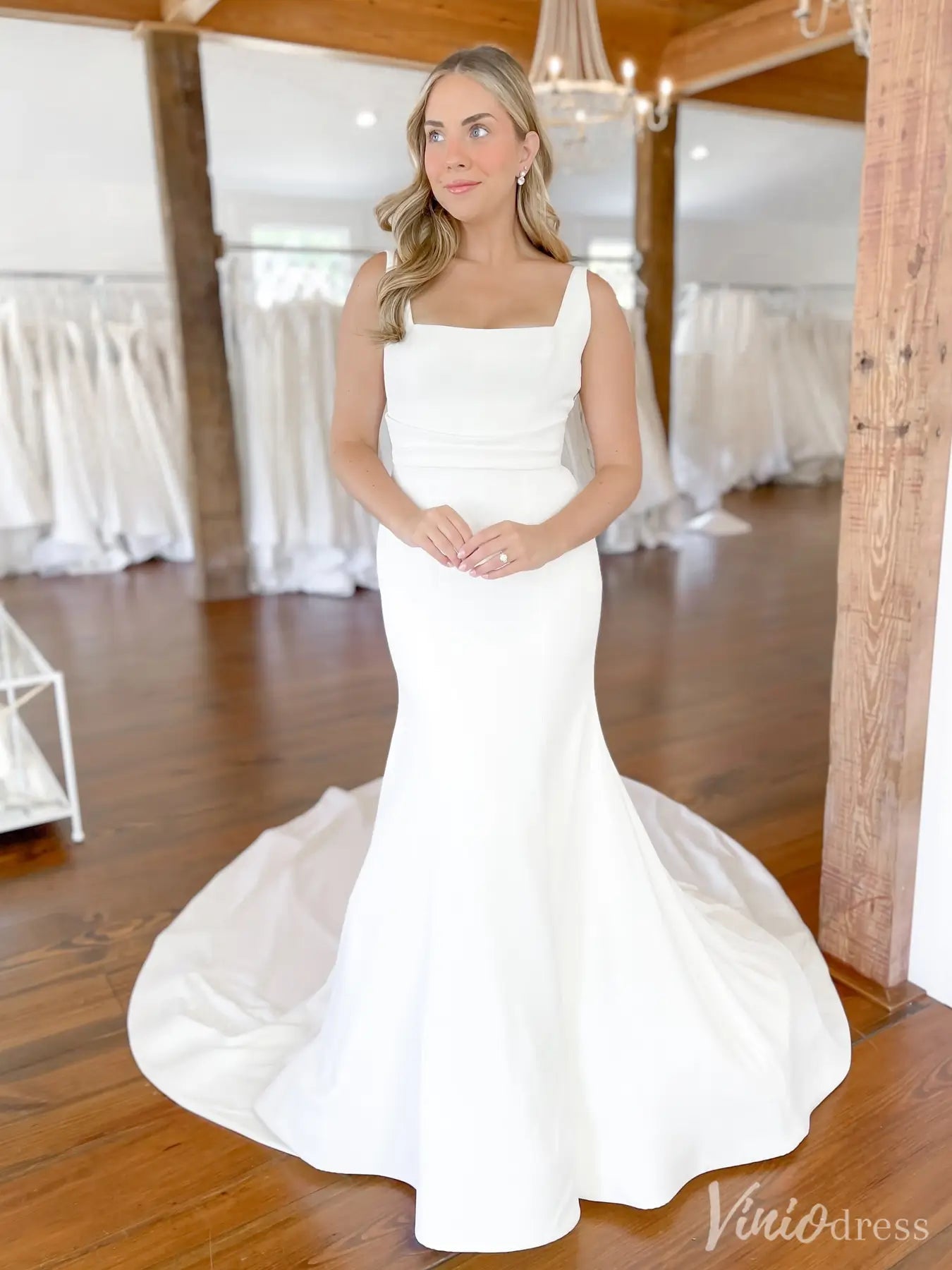 Modern Fit-and-Flare Wedding Dress with Square Neckline – VW2530-wedding dresses 2025 -Viniodress-White-Custom Size-