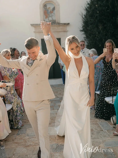 Modern Halter Crepe Wedding Dress with Deep V-Neckline and Open Back – MN103-wedding dresses 2025 -Viniodress-Ivory-Custom Size-