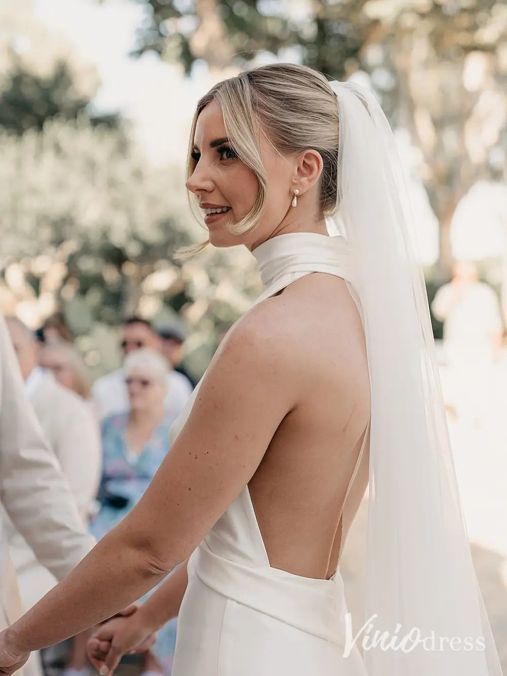 Modern Halter Crepe Wedding Dress with Deep V-Neckline and Open Back – MN103-wedding dresses 2025 -Viniodress-Ivory-Custom Size-