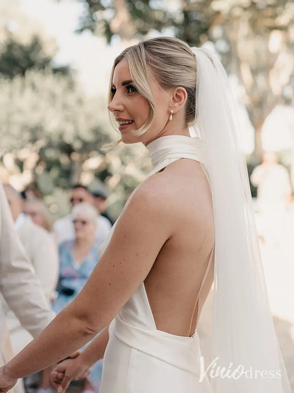 Modern Halter Crepe Wedding Dress with Deep V-Neckline and Open Back – MN103-wedding dresses 2025 -Viniodress-Ivory-Custom Size-