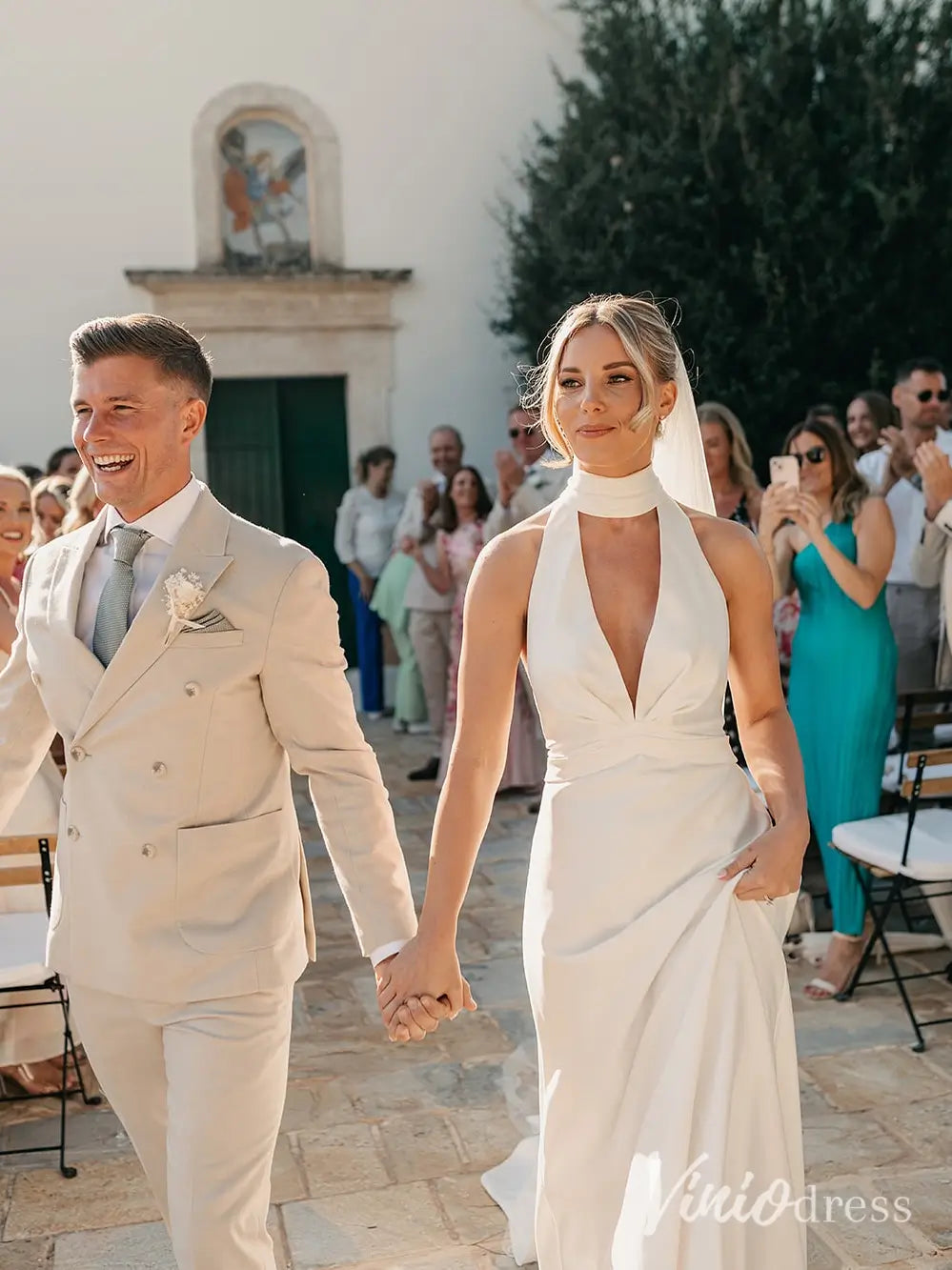 Modern Halter Crepe Wedding Dress with Deep V-Neckline and Open Back – MN103-wedding dresses 2025 -Viniodress-Ivory-Custom Size-