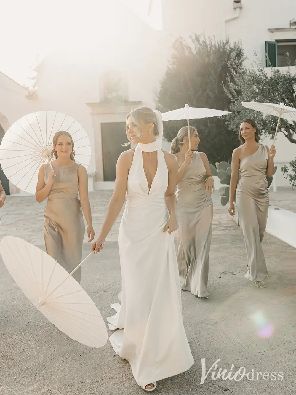 Modern Halter Crepe Wedding Dress with Deep V-Neckline and Open Back – MN103-wedding dresses 2025 -Viniodress-Ivory-Custom Size-