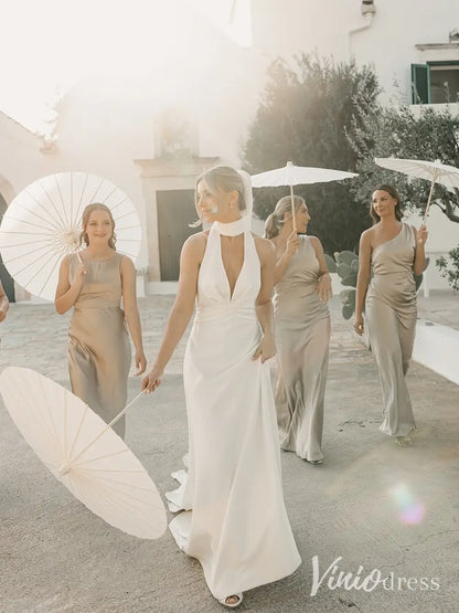 Modern Halter Crepe Wedding Dress with Deep V-Neckline and Open Back – MN103-wedding dresses 2025 -Viniodress-Ivory-Custom Size-