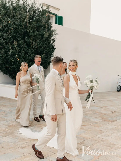 Modern Halter Crepe Wedding Dress with Deep V-Neckline and Open Back – MN103-wedding dresses 2025 -Viniodress-Ivory-Custom Size-