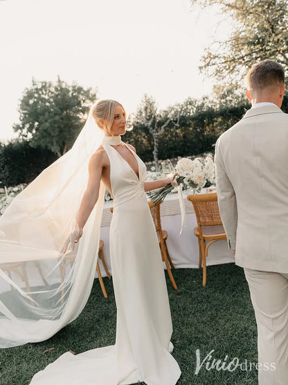 Modern Halter Crepe Wedding Dress with Deep V-Neckline and Open Back – MN103-wedding dresses 2025 -Viniodress-Ivory-Custom Size-