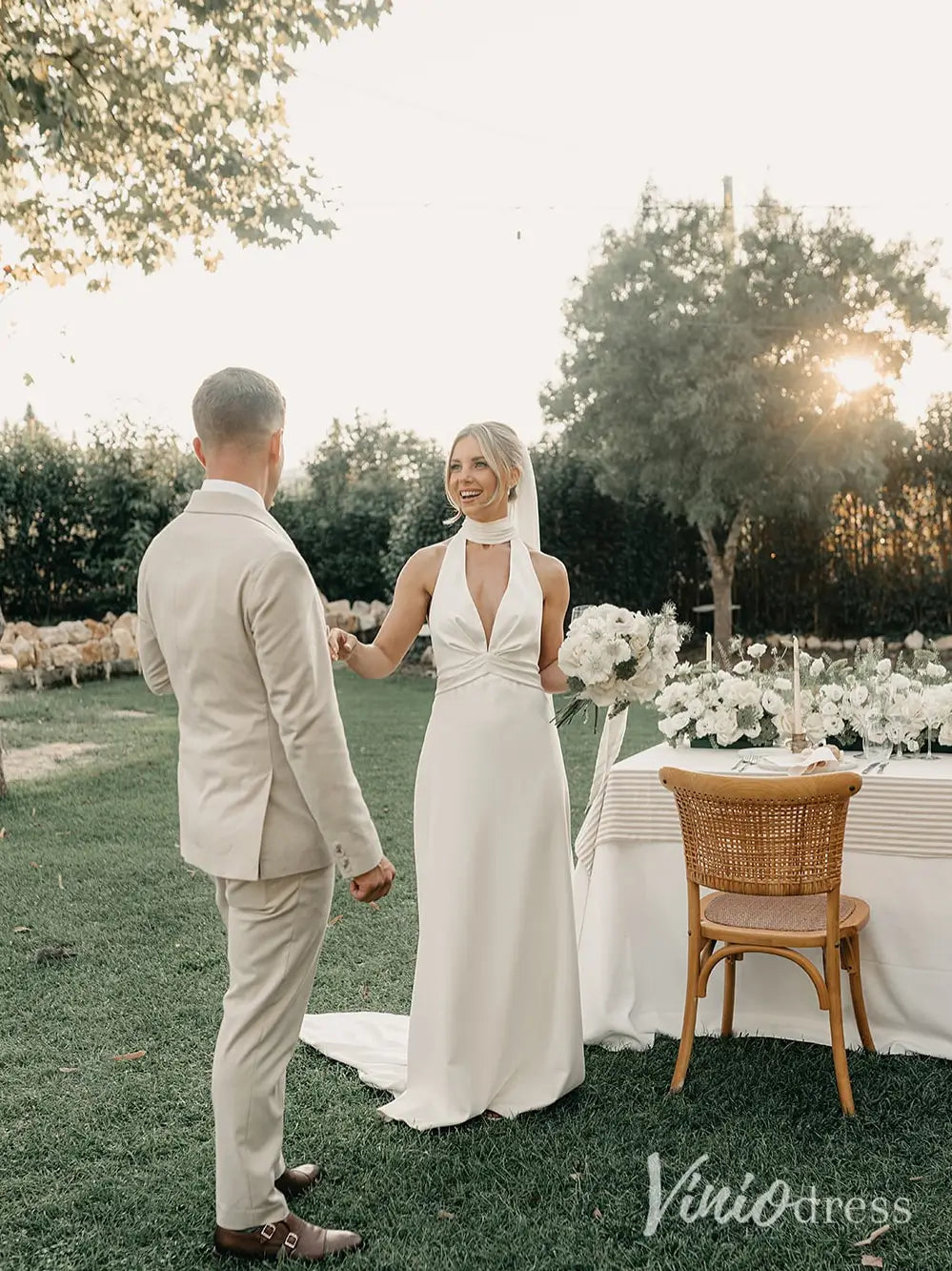 Modern Halter Crepe Wedding Dress with Deep V-Neckline and Open Back – MN103-wedding dresses 2025 -Viniodress-Ivory-Custom Size-