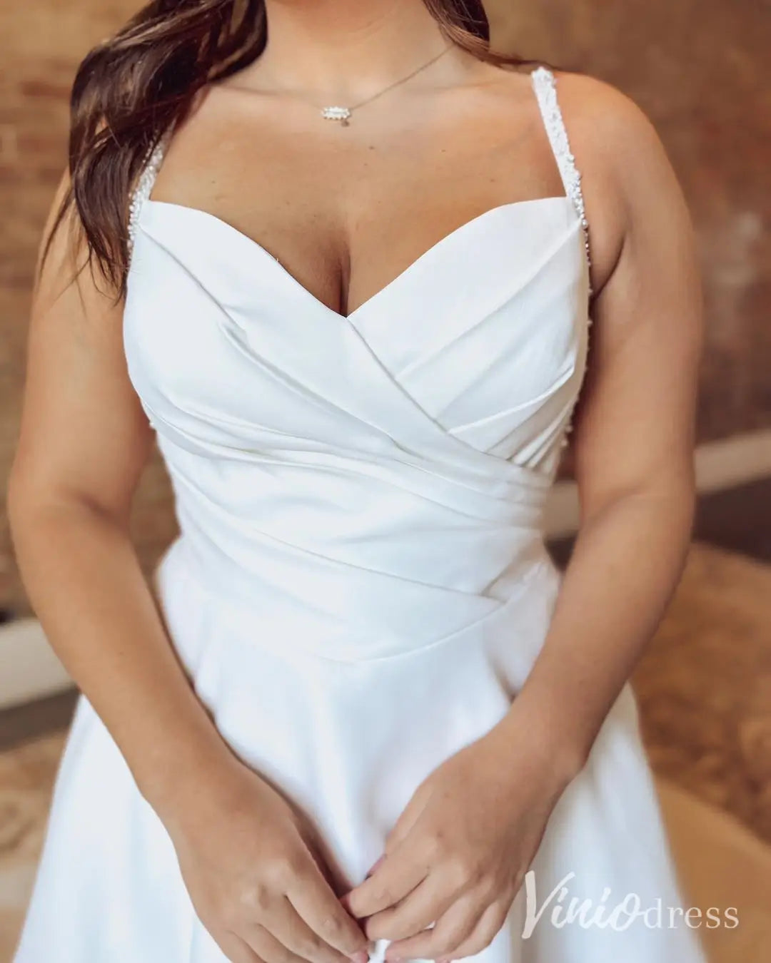 Modern Satin A-Line Wedding Dress with Pockets, Beaded Straps and Illusion Back – MS105-wedding dresses 2025 -Viniodress-Ivory-Custom Size-