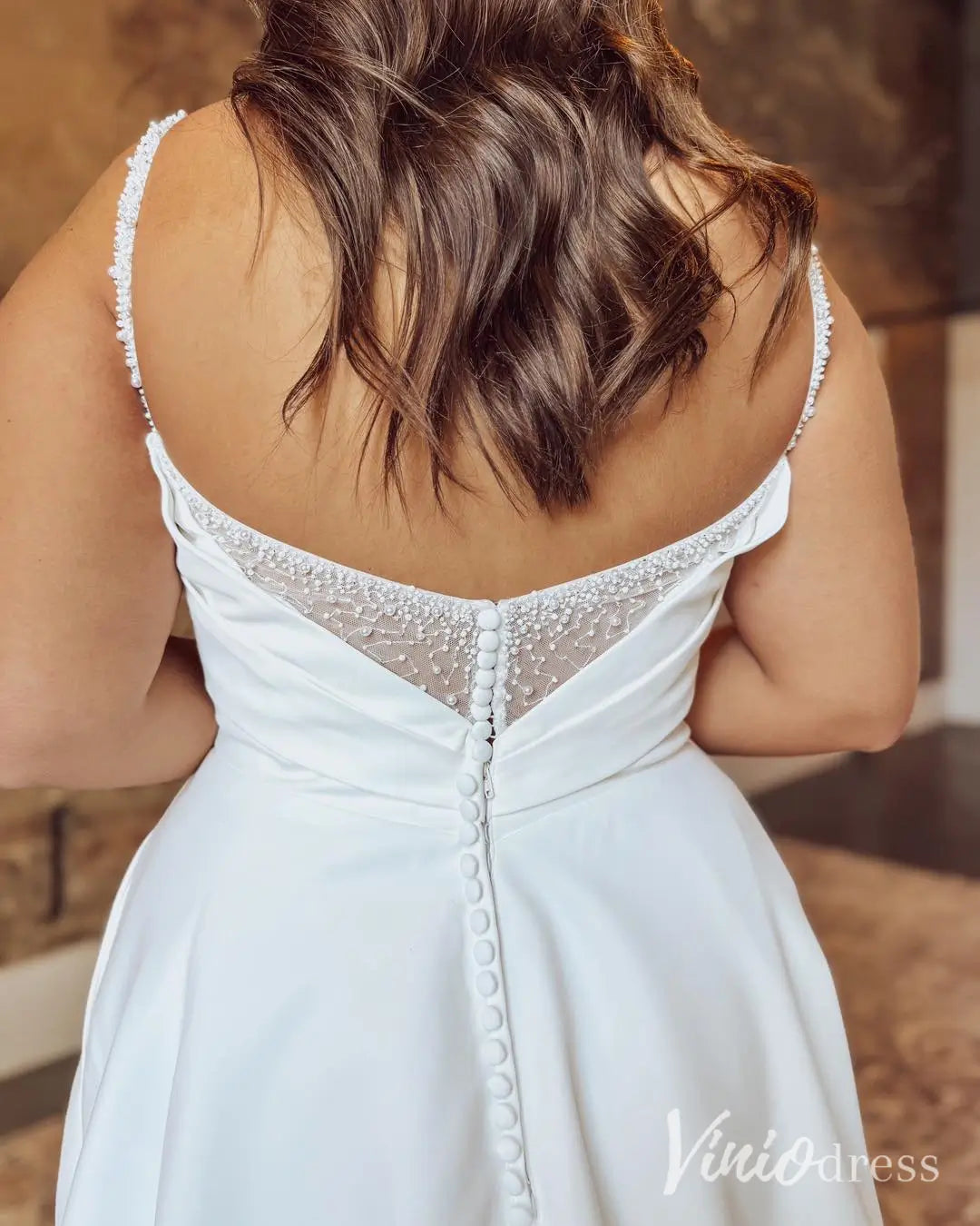 Modern Satin A-Line Wedding Dress with Pockets, Beaded Straps and Illusion Back – MS105-wedding dresses 2025 -Viniodress-Ivory-Custom Size-