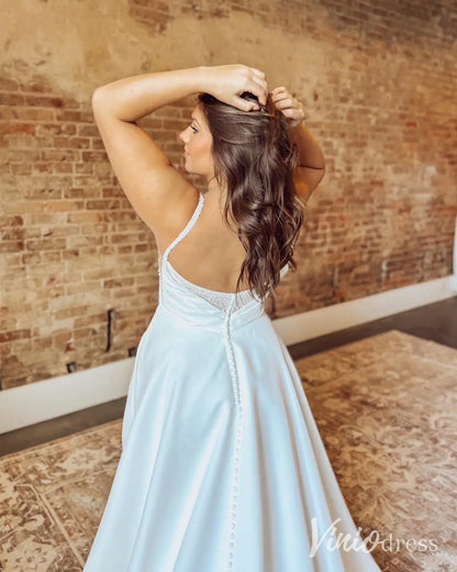 Modern Satin A-Line Wedding Dress with Pockets, Beaded Straps and Illusion Back – MS105-wedding dresses 2025 -Viniodress-Ivory-Custom Size-