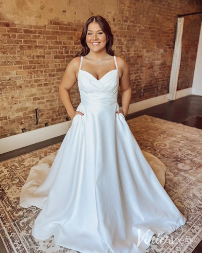 Modern Satin A-Line Wedding Dress with Pockets, Beaded Straps and Illusion Back – MS105-wedding dresses 2025 -Viniodress-Ivory-Custom Size-