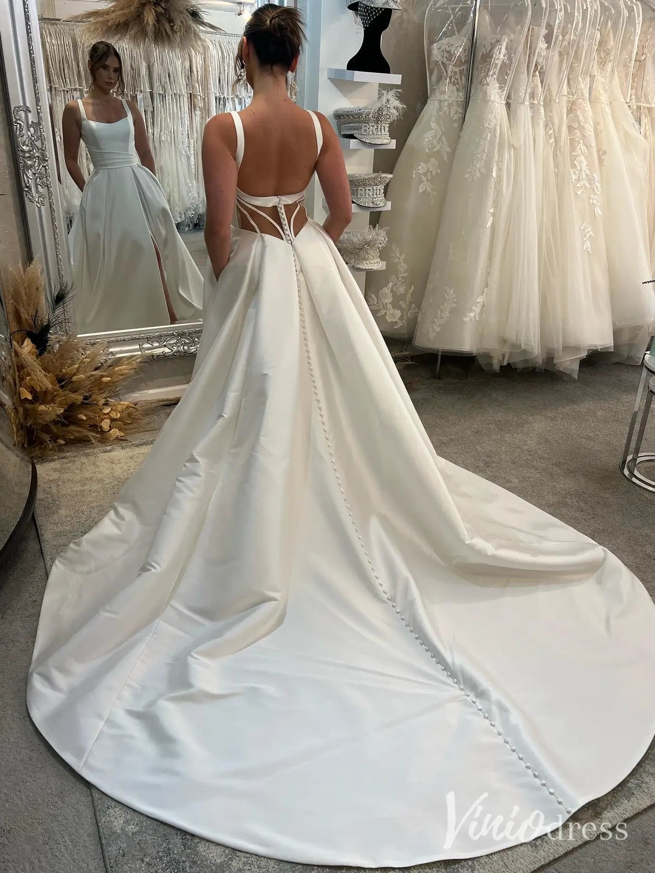 Modern Satin A-Line Wedding Dress with Pockets, Slit Skirt, Square Neckline, Chapel Train – MS102-wedding dresses 2025 -Viniodress-Ivory-Custom Size-