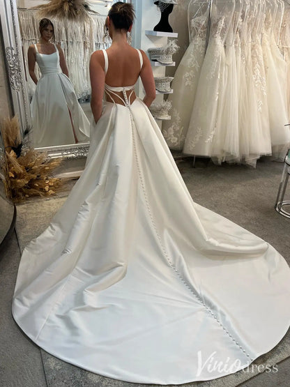 Modern Satin A-Line Wedding Dress with Pockets, Slit Skirt, Square Neckline, Chapel Train – MS102-wedding dresses 2025 -Viniodress-Ivory-Custom Size-