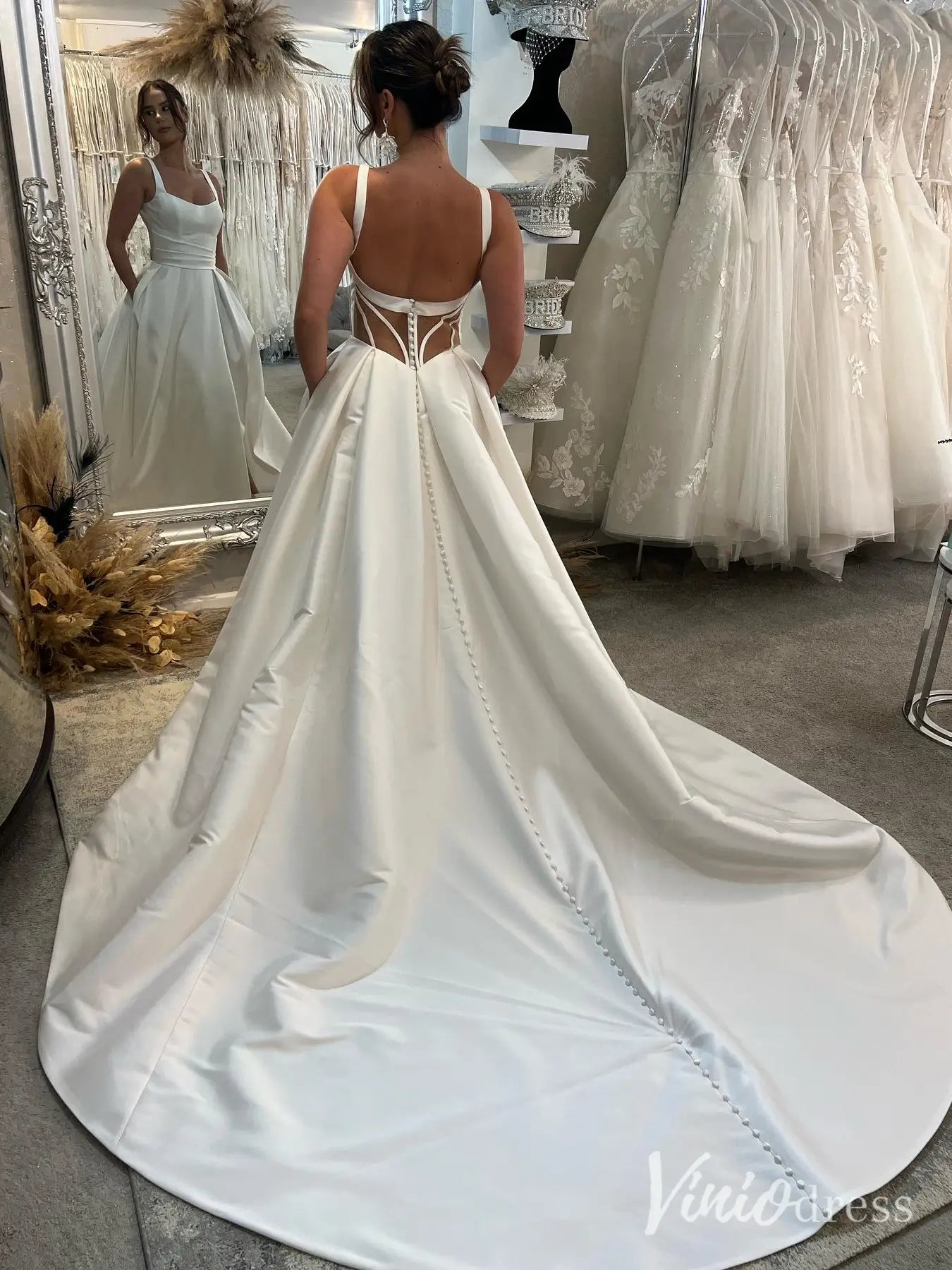 Modern Satin A-Line Wedding Dress with Pockets, Slit Skirt, Square Neckline, Chapel Train – MS102-wedding dresses 2025 -Viniodress-Ivory-Custom Size-