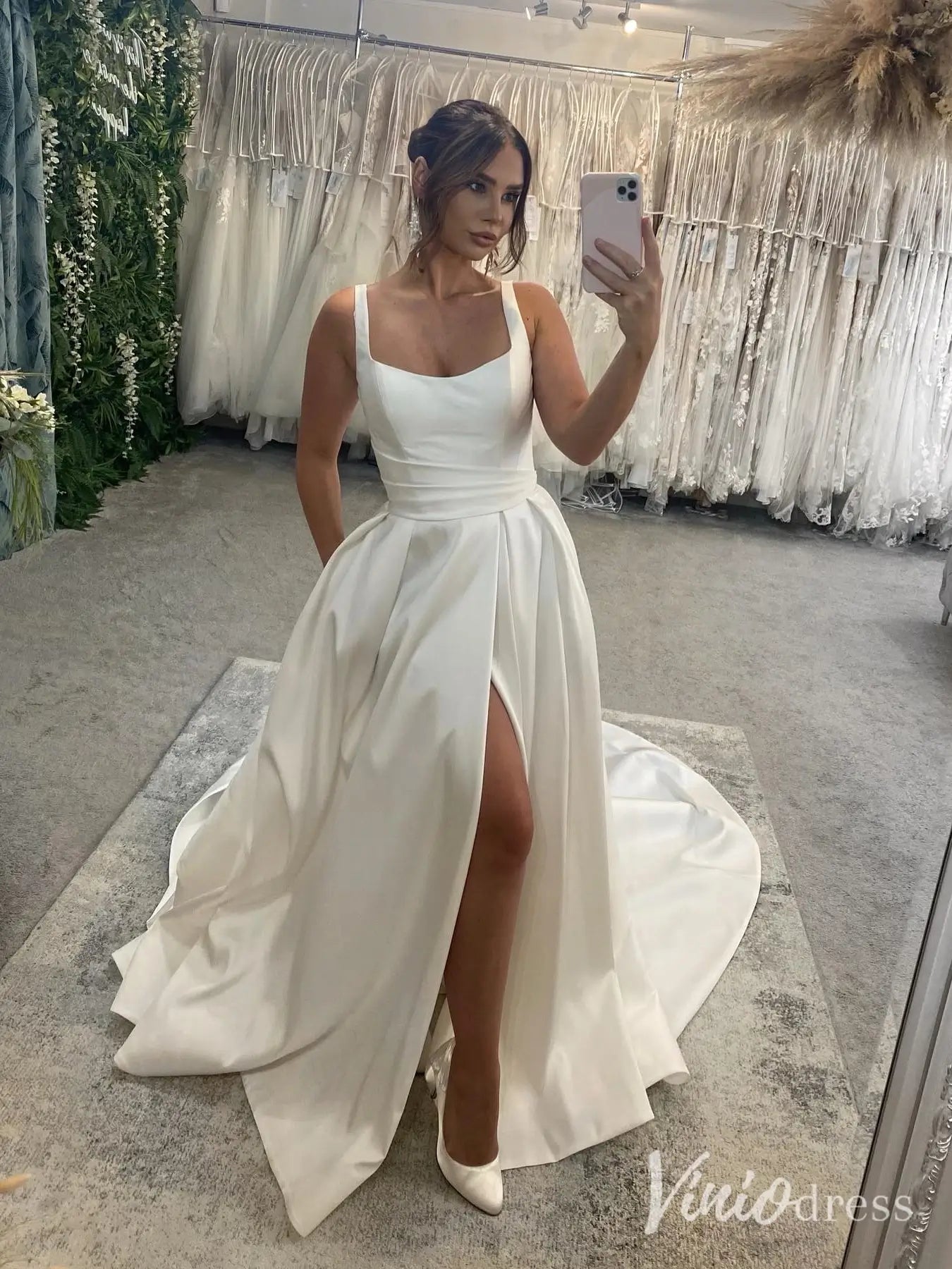 Modern Satin A-Line Wedding Dress with Pockets, Slit Skirt, Square Neckline, Chapel Train – MS102-wedding dresses 2025 -Viniodress-Ivory-Custom Size-