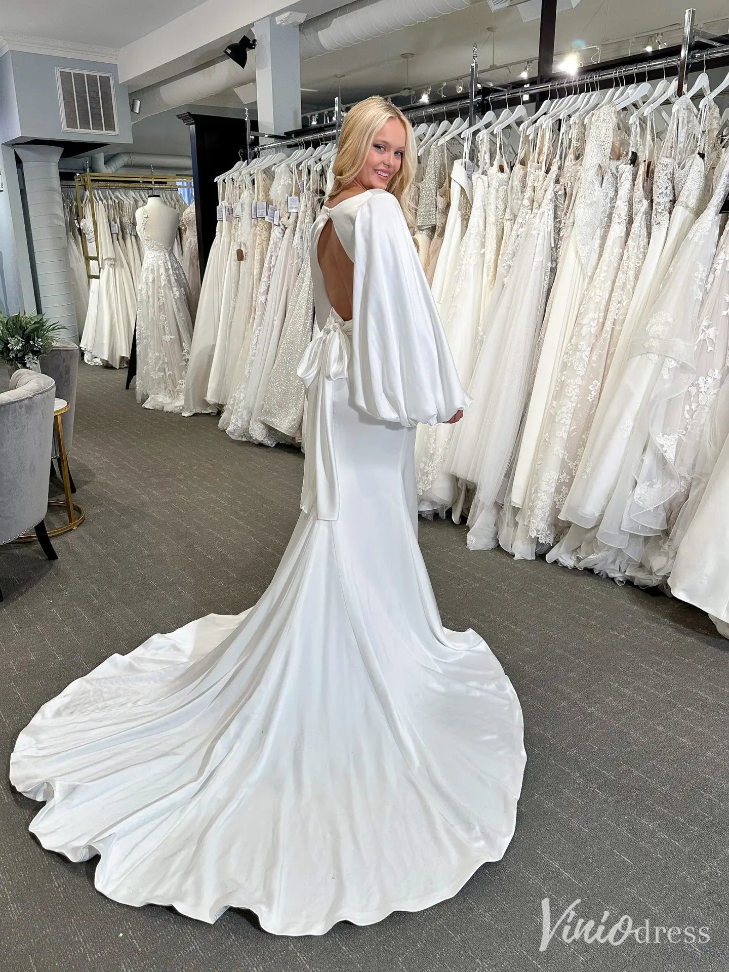 Modern Satin Mermaid Wedding Dress with Dramatic Bishop Sleeves and Open Back – VW2587-wedding dresses 2025 -Viniodress-White-Custom Size-