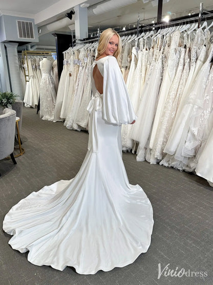 Modern Satin Mermaid Wedding Dress with Dramatic Bishop Sleeves and Open Back – VW2587-wedding dresses 2025 -Viniodress-White-Custom Size-