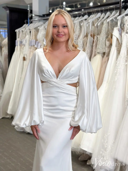 Modern Satin Mermaid Wedding Dress with Dramatic Bishop Sleeves and Open Back – VW2587-wedding dresses 2025 -Viniodress-White-Custom Size-