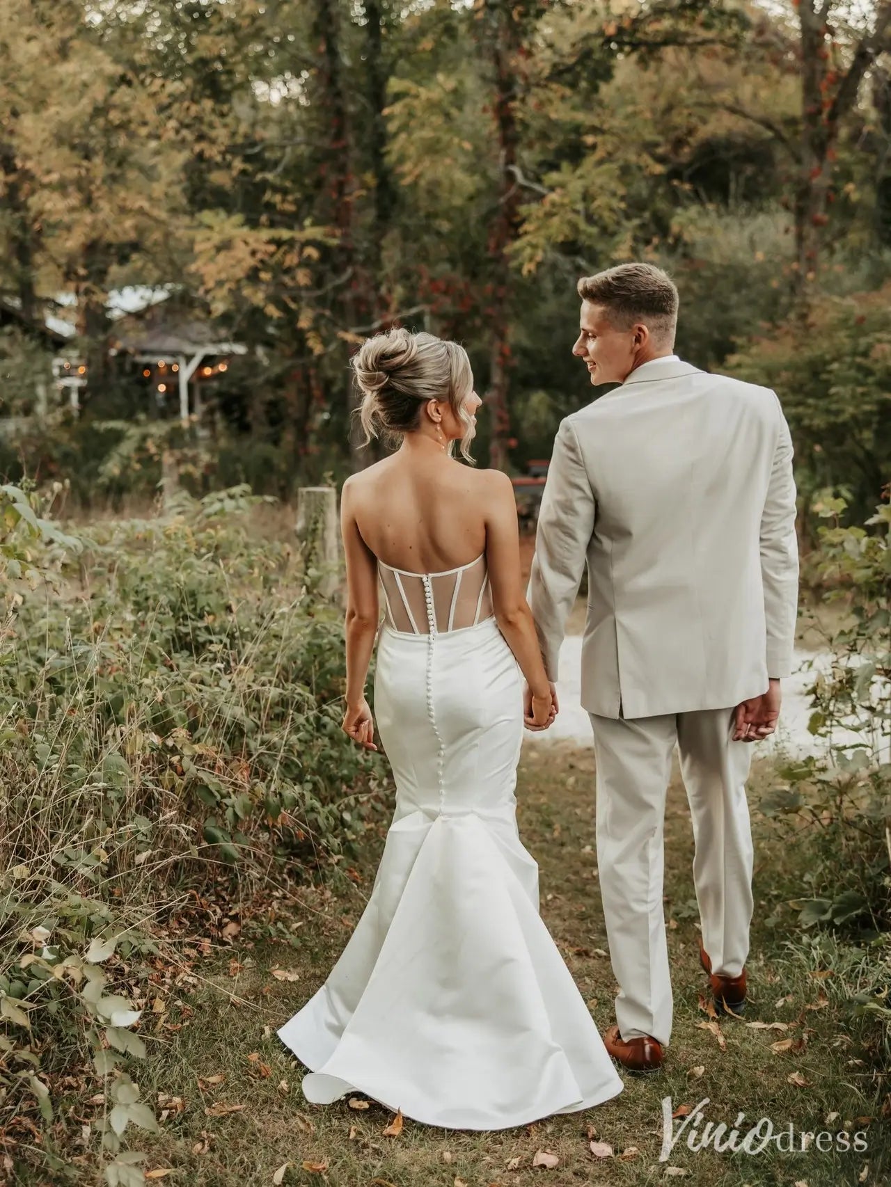 Modern Satin Mermaid Wedding Dress with Slit, Sweetheart Neckline, Sheer Pearl Sleeves – VW2606-wedding dresses 2025 -Viniodress-Ivory-Custom Size-