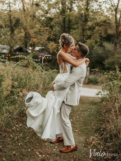 Modern Satin Mermaid Wedding Dress with Slit, Sweetheart Neckline, Sheer Pearl Sleeves – VW2606-wedding dresses 2025 -Viniodress-Ivory-Custom Size-