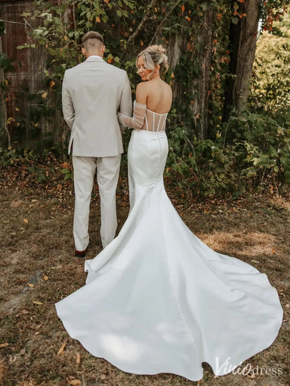 Modern Satin Mermaid Wedding Dress with Slit, Sweetheart Neckline, Sheer Pearl Sleeves – VW2606-wedding dresses 2025 -Viniodress-Ivory-Custom Size-