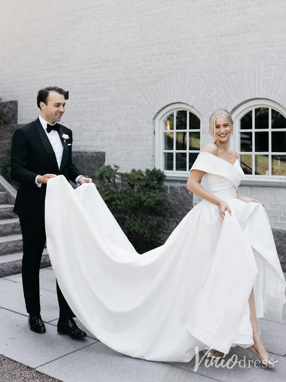 Modern Satin Wedding Dress with Off-Shoulder Wrap Bodice, High Slit and Cathedral Train – MS106-wedding dresses 2025 -Viniodress-Ivory-Custom Size-